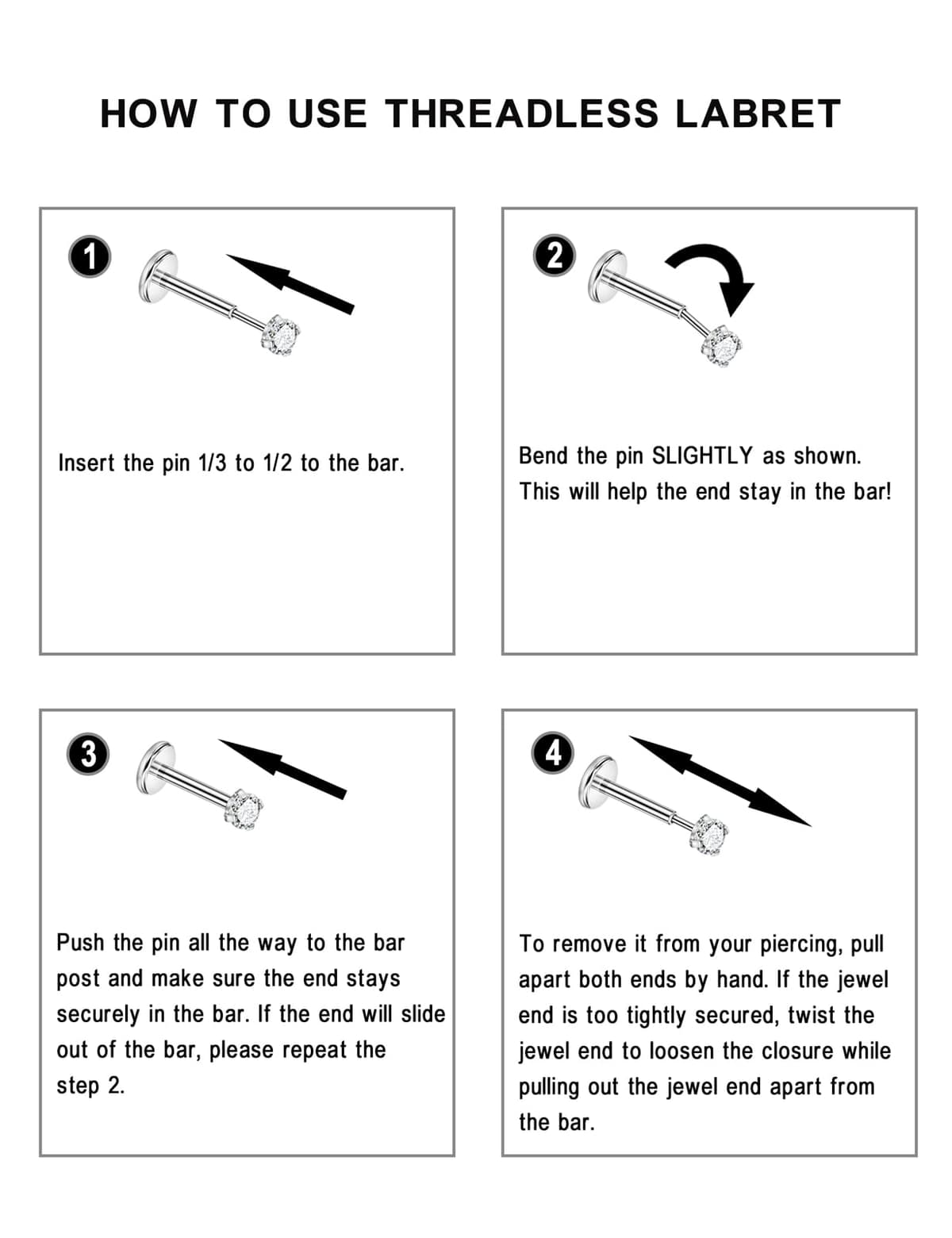 FANSING Single 316L Surgical Steel Threadless Labret Stud with CZ for Nose Cartilage Helix Rook Conch Tragus Earlobe Piercings — view 2
