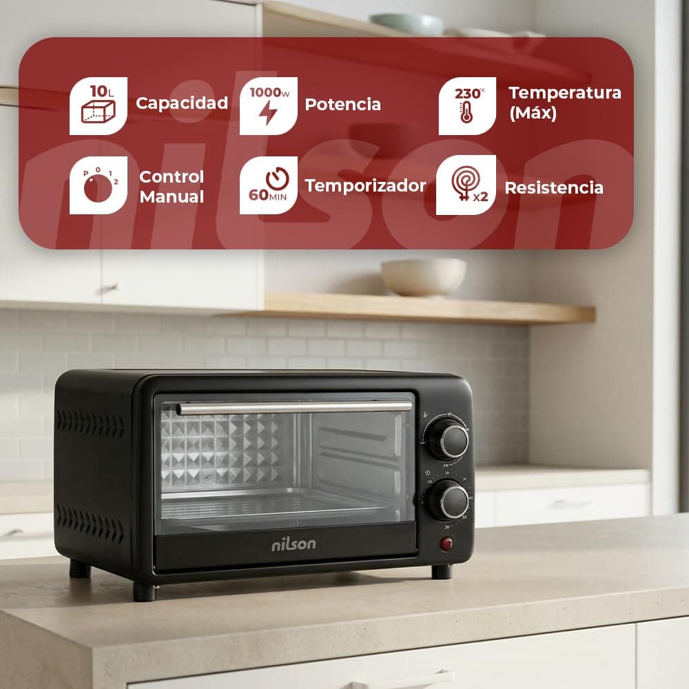Horno de Sobremesa 10 L, Compacto, 1000 W, Control Mecánico, NHS1000N, Termostato Ajustable, Temperatura Máxima 230º, Temporizador 60 min, Incluye Bandeja Esmaltada y Rejilla Metalica — view 4