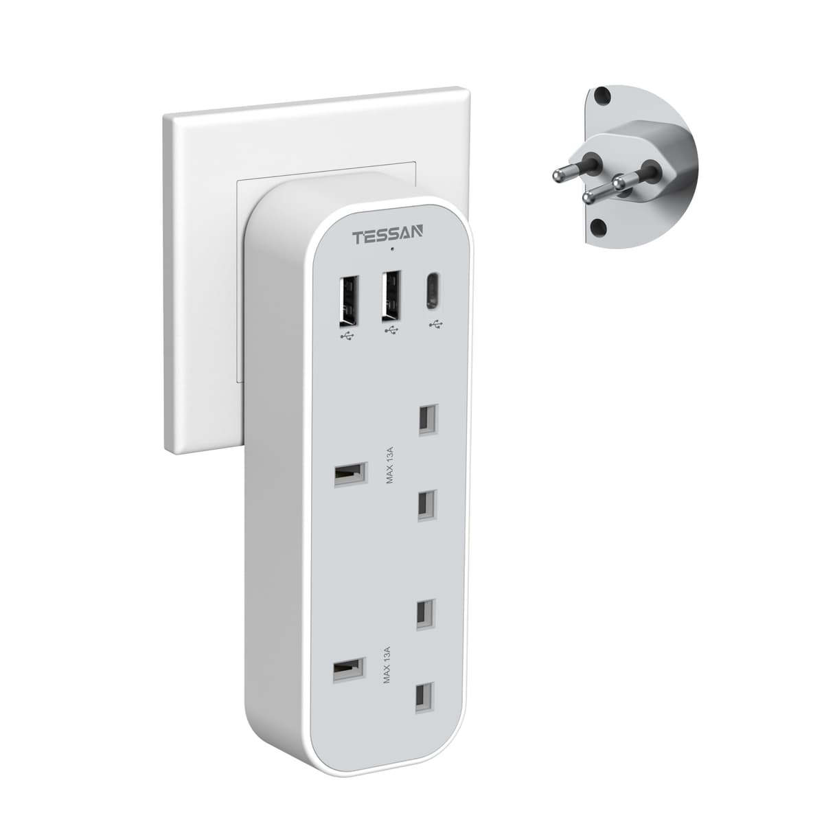 UK to Switzerland Plug Adapter, TESSAN Swiss Plug Adapter with 3 USB Ports (1 USB C), 2 Way Grounded Type J Travel Adaptor for Jordan, Liechtenstein, Madagascar, Rwanda