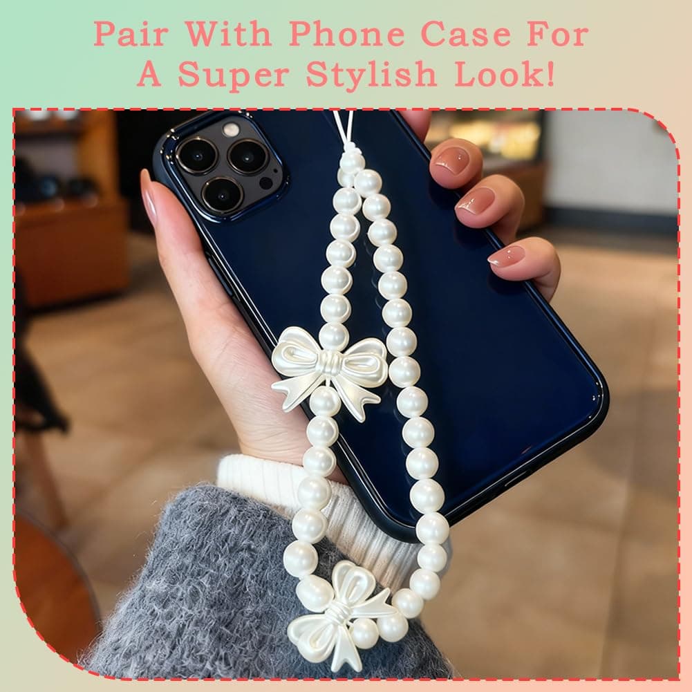 4 Pcs Cute Cell Phone Charms, White Pearl Bracelet Strap Chain Wrist Beads MobilePhone Charm Wrist Strap to Prevent Loss, Phone Case Accessories for Keychain Camera Decor — view 4