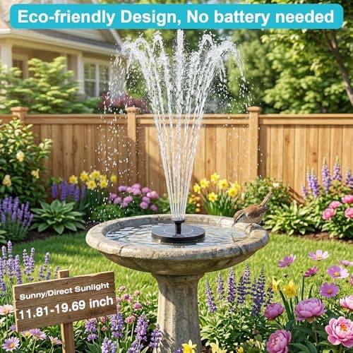 AMZtime Solar Fountain for Bird Bath, Upgrade Solar Water Fountain Mini Free Standing Solar Water Pump with 4 Fixing Rods, 6 Spray Modes for Garden, Pond, Pool & Outdoor