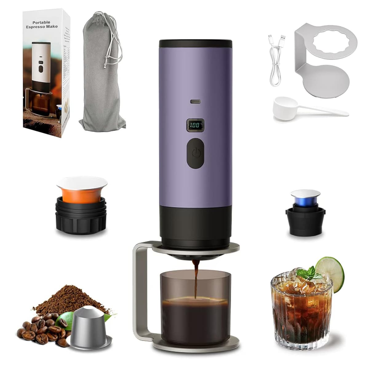 3-in-1 Portable Coffee Maker, 15 Bar Portable Espresso Machine with LED Display and 90ml Sink, Compatible with Ground Coffee & Capsules(Ns&DG) for RV, Hiking, Office, Auto-Heating, USB-C (Purple)