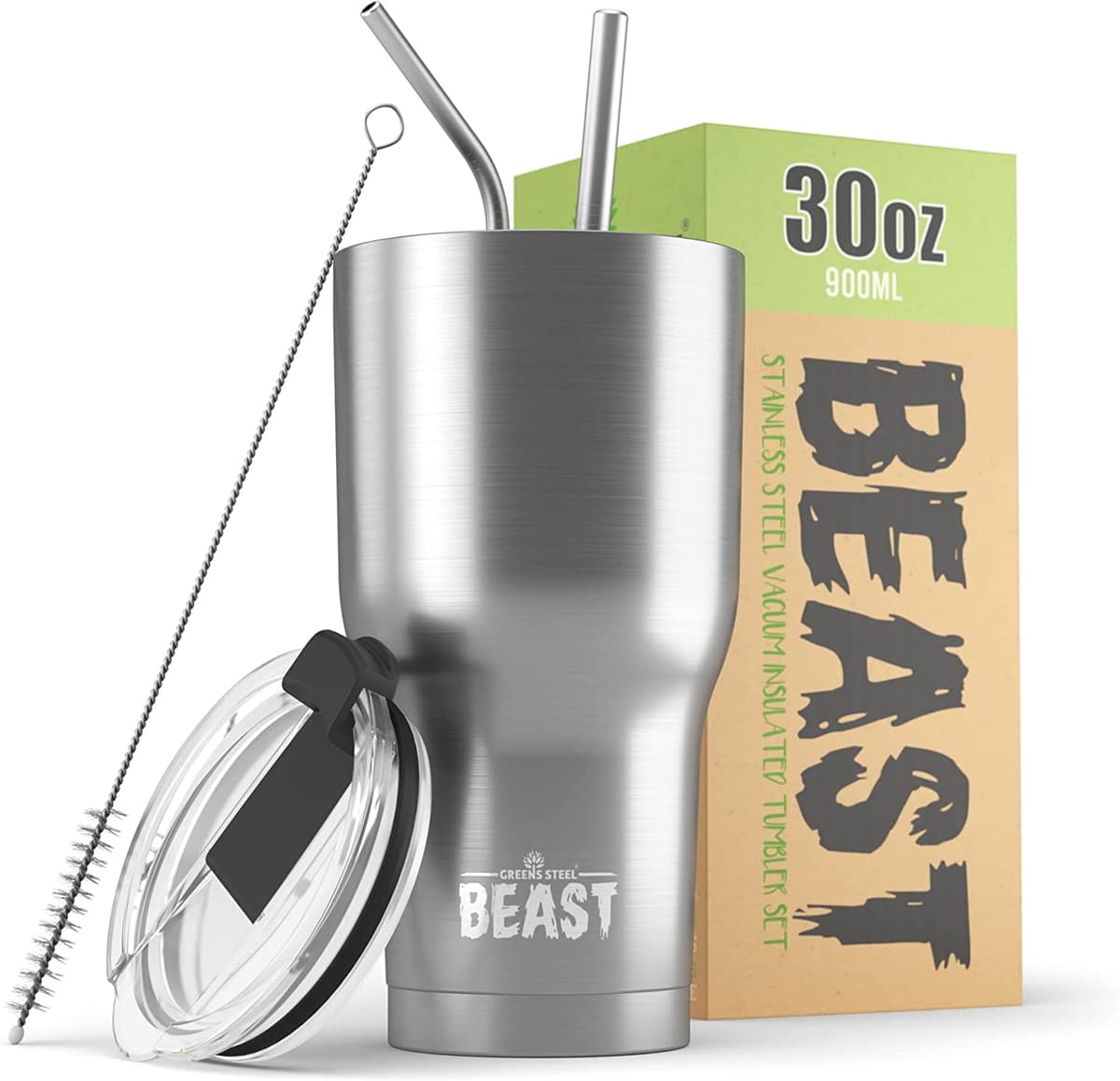 Greens Steel Beast Tumbler – 550 ml (20 oz), Coral | Vaso de acero inoxidable reutilizable con aislamiento al vacío | con 2 pajitas y cepillo de limpieza | Termo de viaje de doble pared — view 82