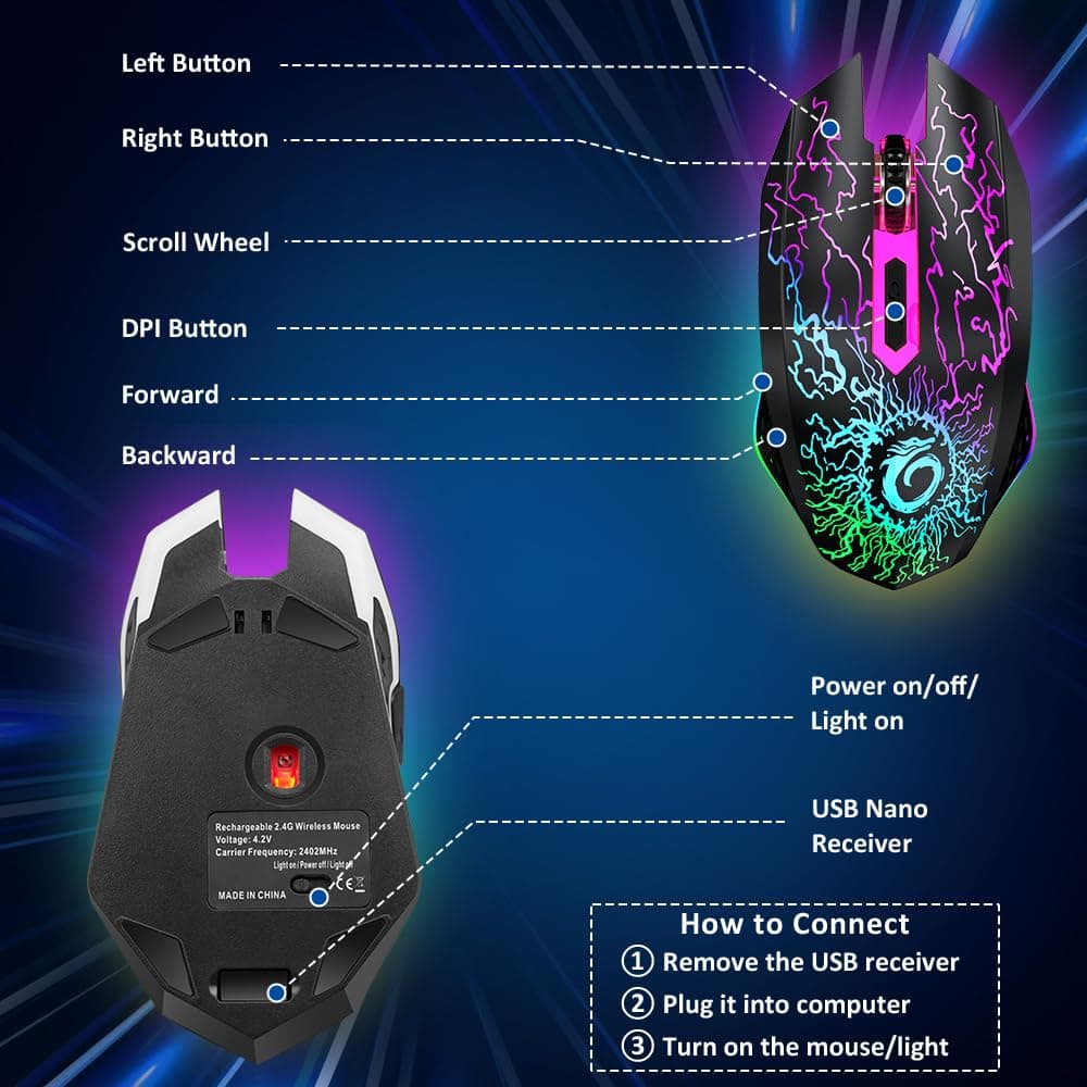 VersionTECH. Wireless Gaming Mouse, Rechargeable Computer Mouse Mice with Colorful LED Lights, Silent Click, 2.4G USB Nano Receiver, 3 Level DPI for PC Gamer Laptop Desktop Chromebook Mac -Black — view 8