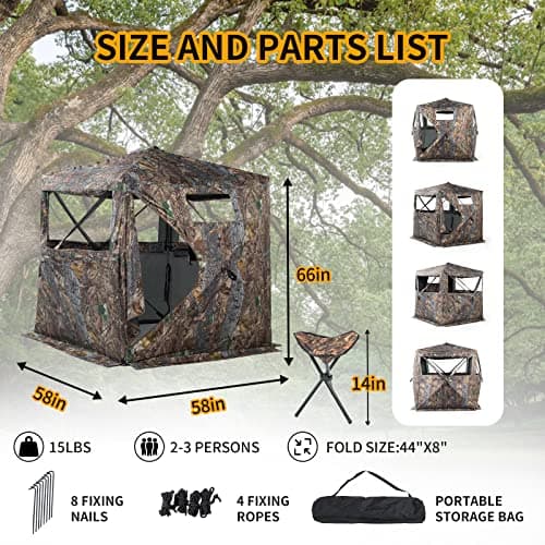 FUNHORUN Hunting Blind 270 Degree See Through Ground Blind for Deer/Turkey Hunting, 2/3 Person Pop Up Camouflage Tent with Chair, Portable Concealed Shelter with Carrying Bag — view 4