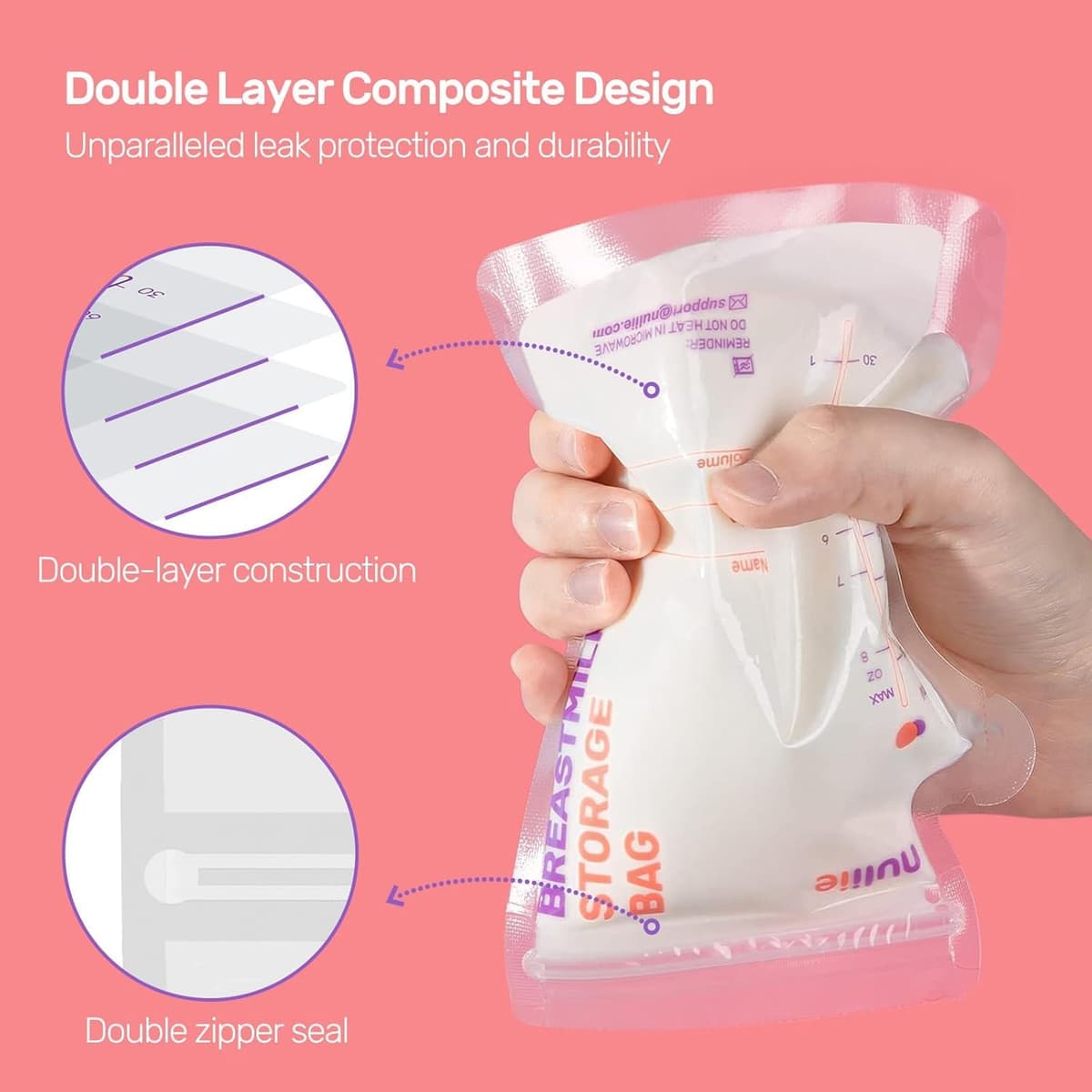 Nuliie 120 Pcs Breast Milk Storage Bags, 250ml BPA Free Milk Storage Bags with Pour Spout for Breastfeeding, Self-Standing or Flat Pre-sterilised Bag, Space Saving for Fridge or Freezer Use — view 4