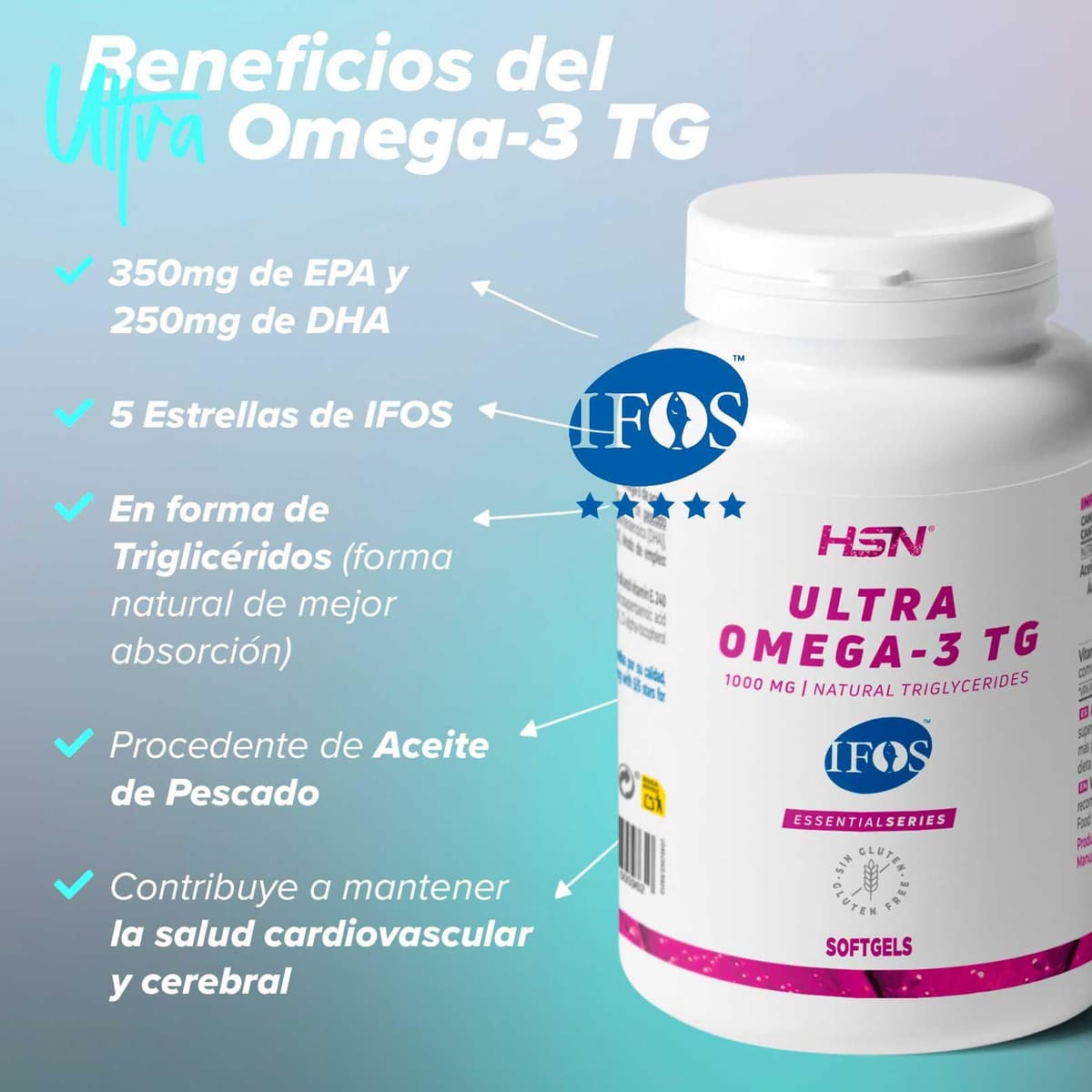 HSN Ultra Omega 3 TG IFOS 5 Estrellas | 120 Perlas | 1000mg Aceite de Pescado por Perla con 350mg EPA + 250mg DHA – Alta Absorción en Forma de Triglicéridos – Certificado Sin Metales Pesados — view 6
