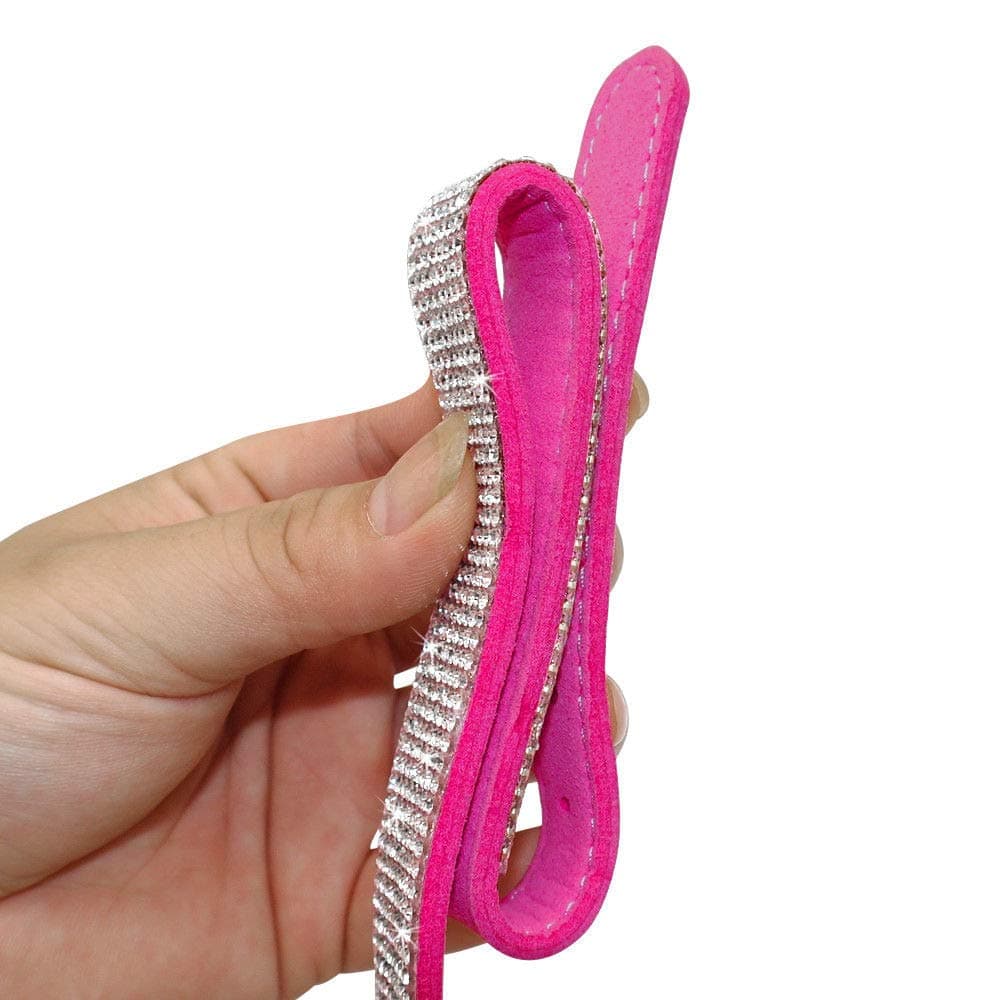 Cute Dazzling Sparkling Elegant Fancy Soft Suede Leather Bling Rhinestone Crystal Jeweled Pet Cat Dog Puppy Collar Dog Leash Combo Set (M, Hot Pink) — view 5
