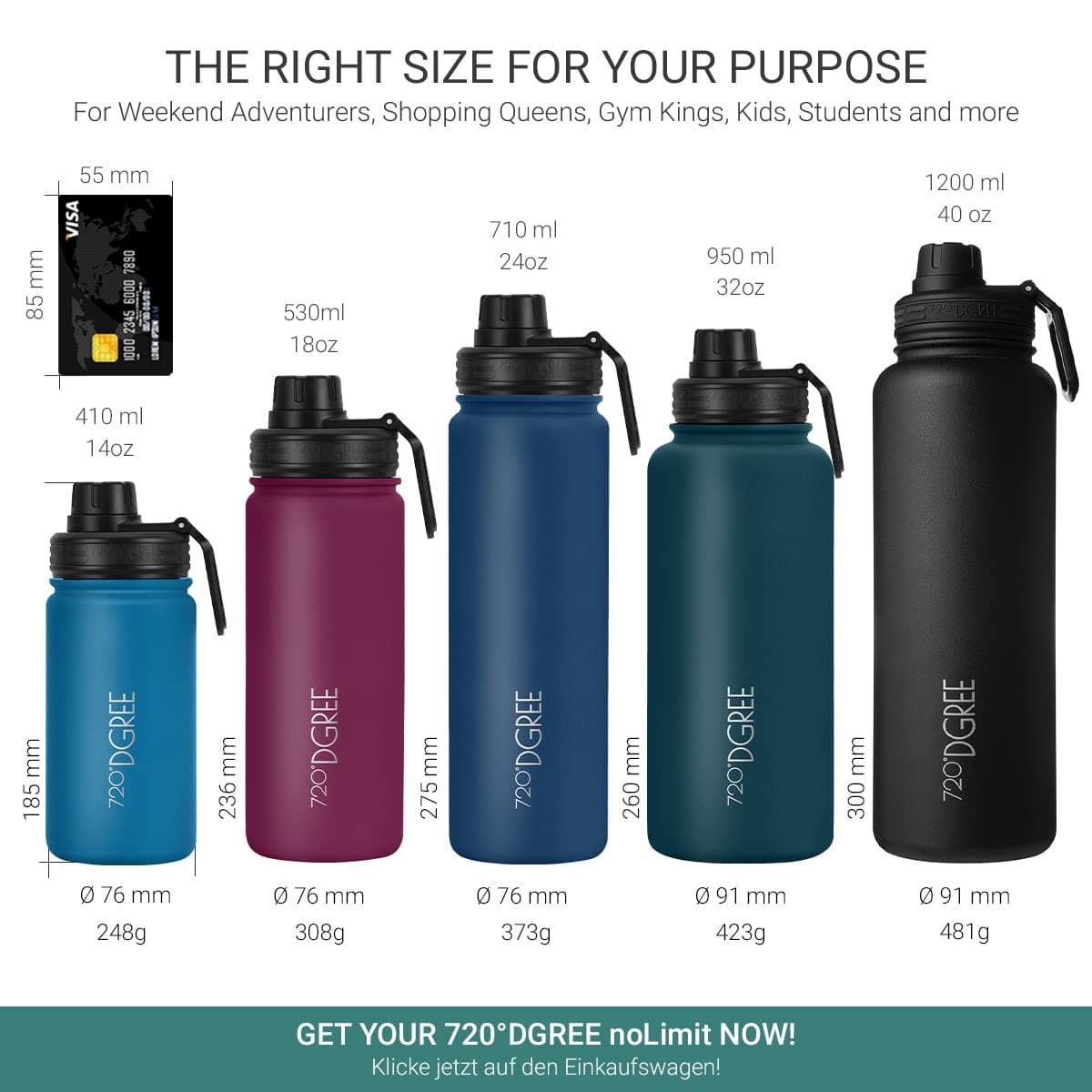 720°DGREE Botella Agua Termo Acero Inoxidable “noLimit“ – 410ml, 530ml, 710ml, 950ml, 1200ml - Sin BPA Free, Antigoteo y Prueba de Fugas - Frasco térmico, Cantimplora Aislada +Cubierta Deportes Gratis — view 4