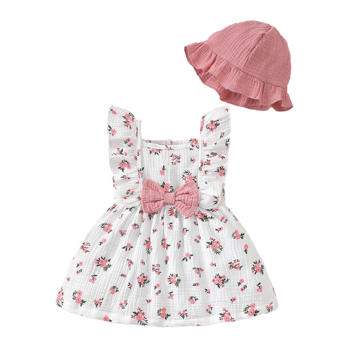 Conjunto Vestido y Gorro para Niña Pequeña Mangas con Volantes Estampado de Corazones/Flores de Algodón Lino Ropa de Primavera Verano — view 9