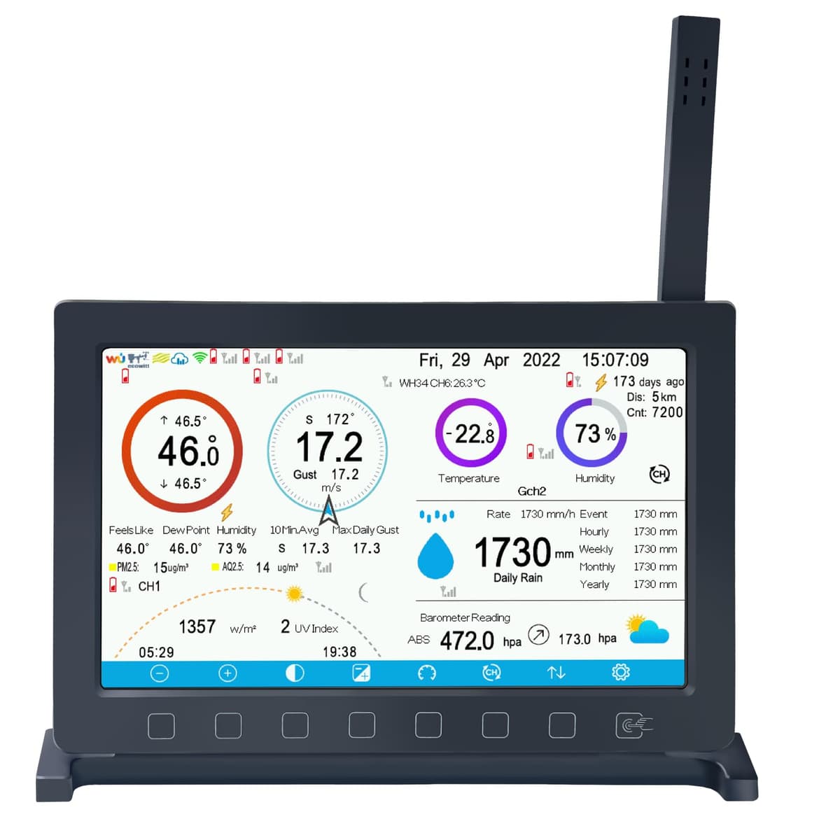 ECOWITT HP2560 Consola para estaciones meteorológicas, pantalla interior TFT en color de 7 pulgadas con botón táctil, accesorio, sensores 3 en 1 incorporados, compatible con exteriores WS90/WS85/WS69 — view 5