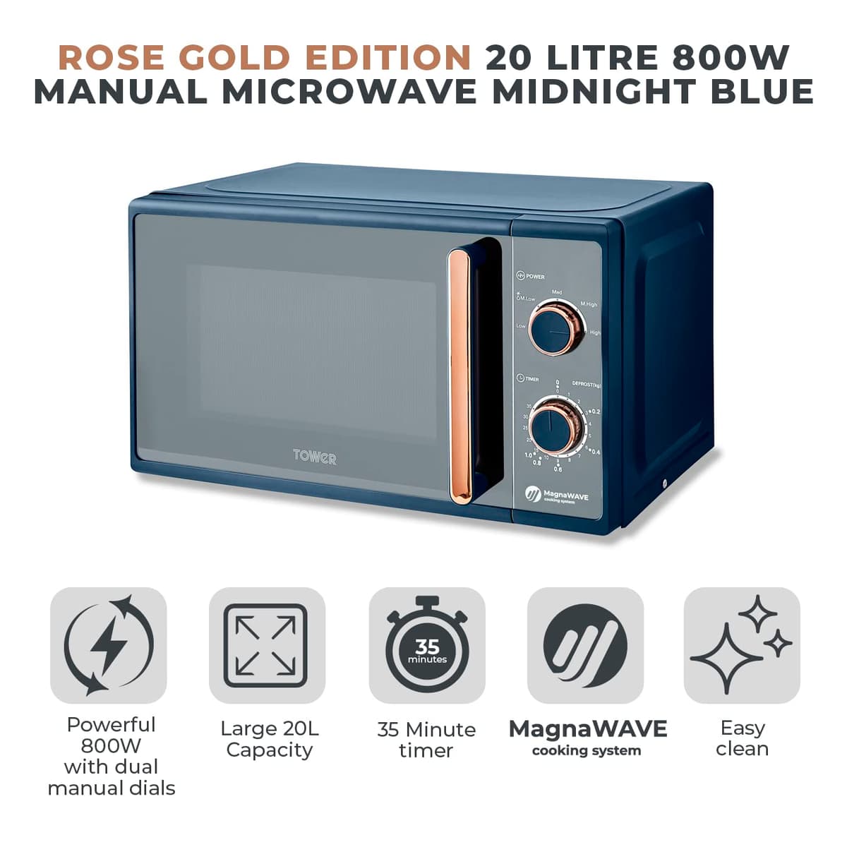 Tower Cavaletto Manual Microwave with 5 Power Levels and 35 Minute Timer, 800W, 20L, Midnight Blue & Rose Gold, T24038MNB — view 2