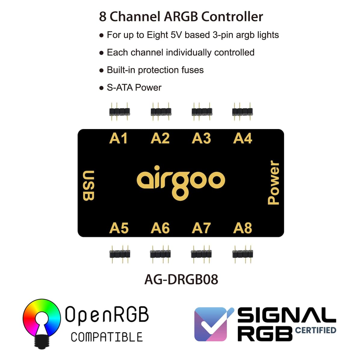 airgoo Magnetic 8-Port ARGB Controller, Compact SATA Powered ARGB PC Lighting Hub, Easy Install for Mini & Mid-Tower Cases, Compatible with SignalRGB & OpenRGB, AG-DRGB08 — view 2