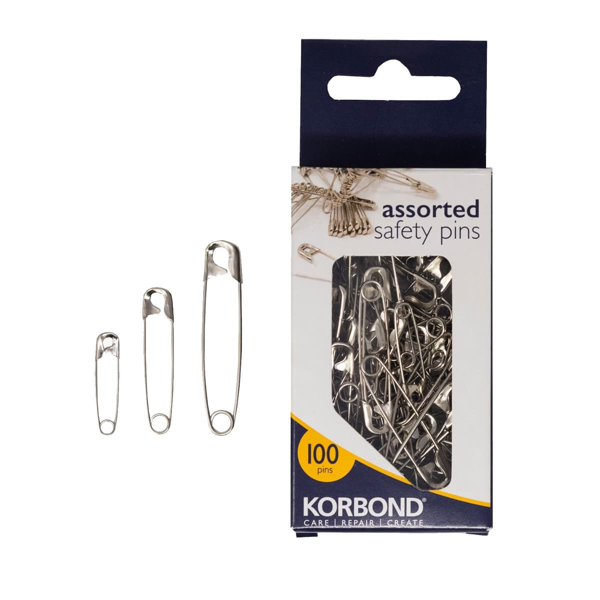 Korbond Silver Safety Pins - 50 Pieces; Professional Grade, Sharp Point, Heavy Duty, Nickel – Crafting, Sewing, Pinning, Fabrics, Saree, Sari; 3 Sizes: Small 20x27mm, Medium 20x38mm, Large 10x45mm — view 10
