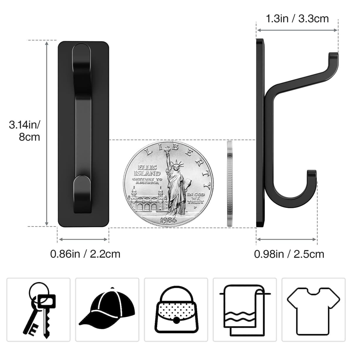Self Adhesive Hooks, Extra Sticky and Strong, Hanging up to 6KG, Heavy Duty Stick on, No-Nail Hook for Back of Door, Black, 4 Pack — view 5