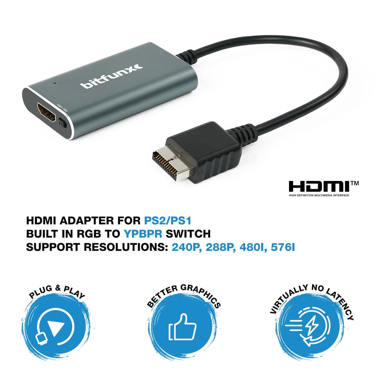 BITFUNX Adaptador HDMI PS2/PS1/PS One - Interruptor RGB integrado a componente, soporta RGB/Componente a HDMI 1080P, adaptador de videojuegos Plug & Play — view 2