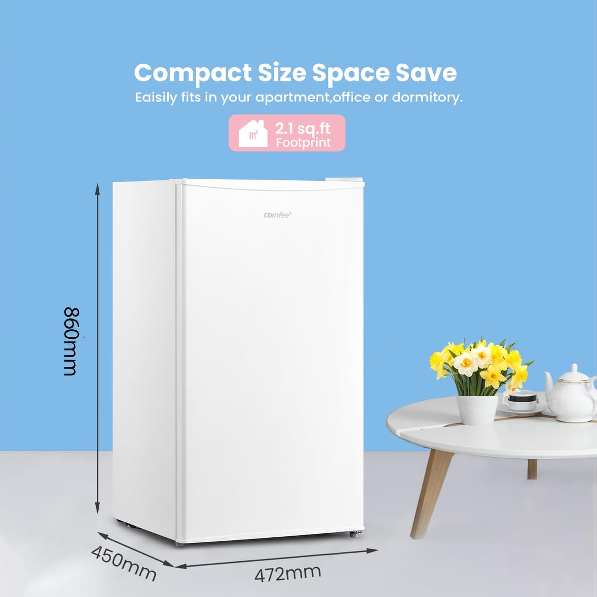 COMFEE' RCD93WH2(E) Under Counter Fridge, 93L Freestanding Refrigerator with Cooler Box, Adjustable Thermostat, Reversible Door, Removable Glass Shelves, Interior Light, White — view 2