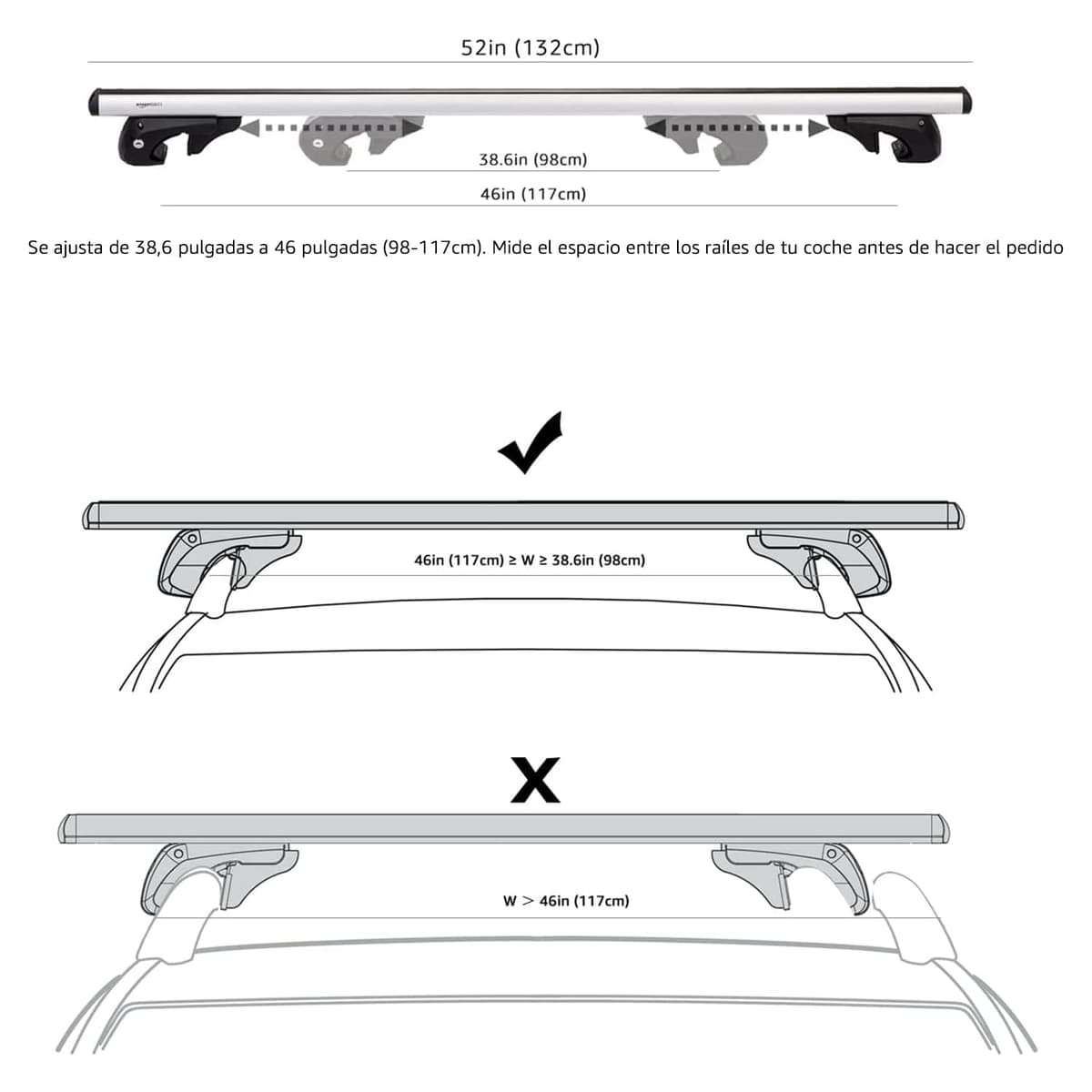 Amazon Basics portaequipajes de techo con rieles cruzados, 52 pulgadas, se adapta a tramos de hasta 46 pulgadas entre rieles laterales elevados con espacio, paquete de 2, negro/plateado — view 2