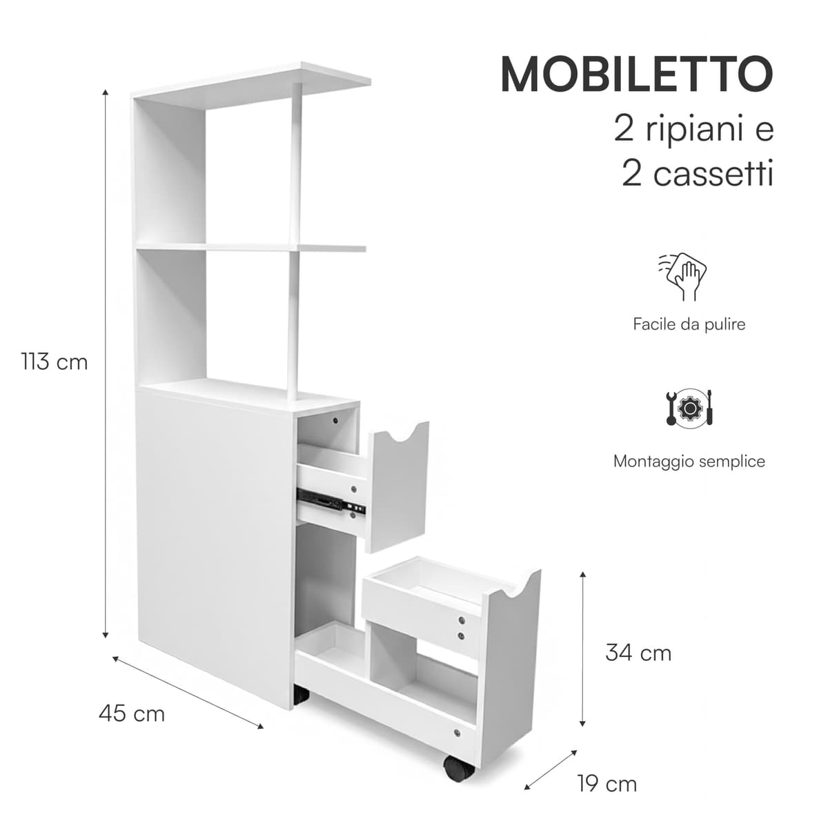 Baroni Home Columna de baño que ahorra espacio, mueble alto con estantes abiertos y cajones, multiusos, columna moderna para baño, cocina y dormitorio, 45 x 15 x 113 cm, 3 estantes y 2 cajones, color — view 3