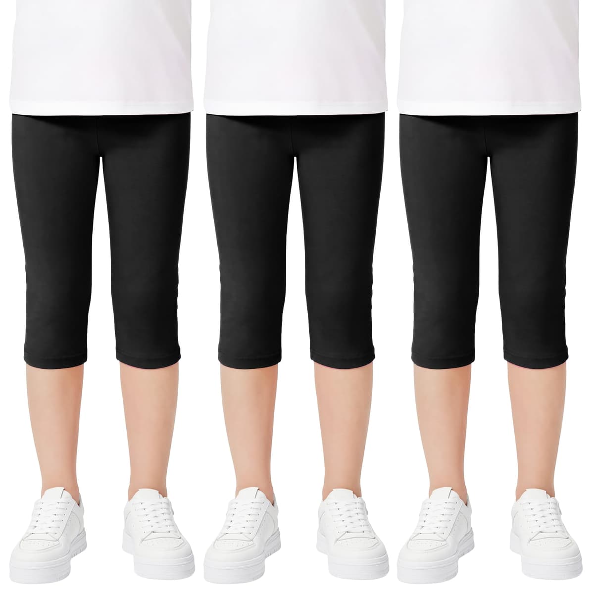Domueay Niñas Leggings 3/4 Algodón Transpirable Elástica Deportivas Pantalones Cortos Cómodos Leggins, Pack de 3, Color Sólidos Niña Baile Escolar Mallas Infantiles Verano Ropa 6-13 Años — view 8