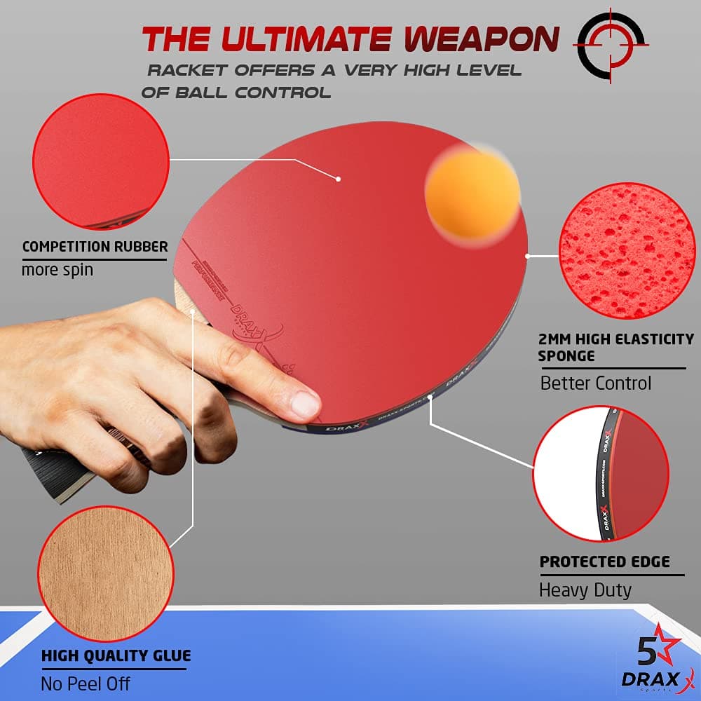 DRAXX Sports Pala Ping Pong Carbon | Raqueta de Carbono Profesional para un Control inigualable, Giro y Potencia, Ultra Ligera, Esponja de 2 mm y Revestimiento de Alto Rendimiento — view 3