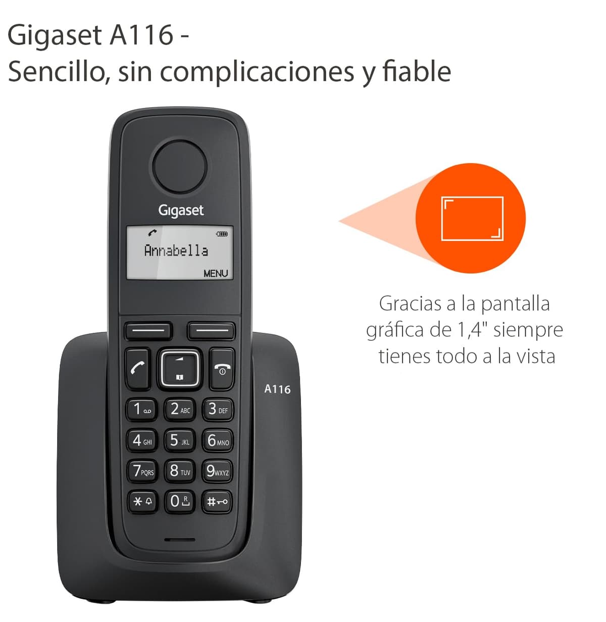 Gigaset A116 - Teléfono DECT Inalámbrico - Pantalla Gráfica Iluminada - Pantalla gráfica de 1,4" - Fácil de Usar, Negro [Compatible en ES y IT] — view 4