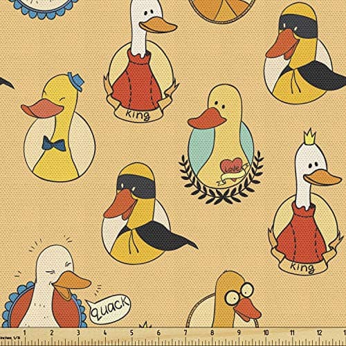 Lunarable Geese Fabric by The Yard, Colorful Pattern 6 Animal King Love Hero Goose Twig Funny Design Print, Decorative Fabric for Upholstery and Home Accents, 1 Yard, Peach Yellow