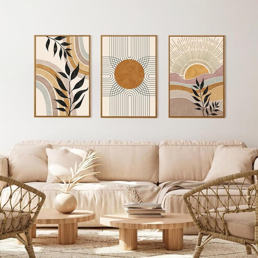 TOARTi Boho Framed Canvas Wall Art Prints, Set of 3 Mid Century Modern Wall Decor, Nature Plants Desert Sun Art Paintings, Bohemian Artwork for Living Room, Bedroom, Dining Room, Office - 12x16 x3 — view 4