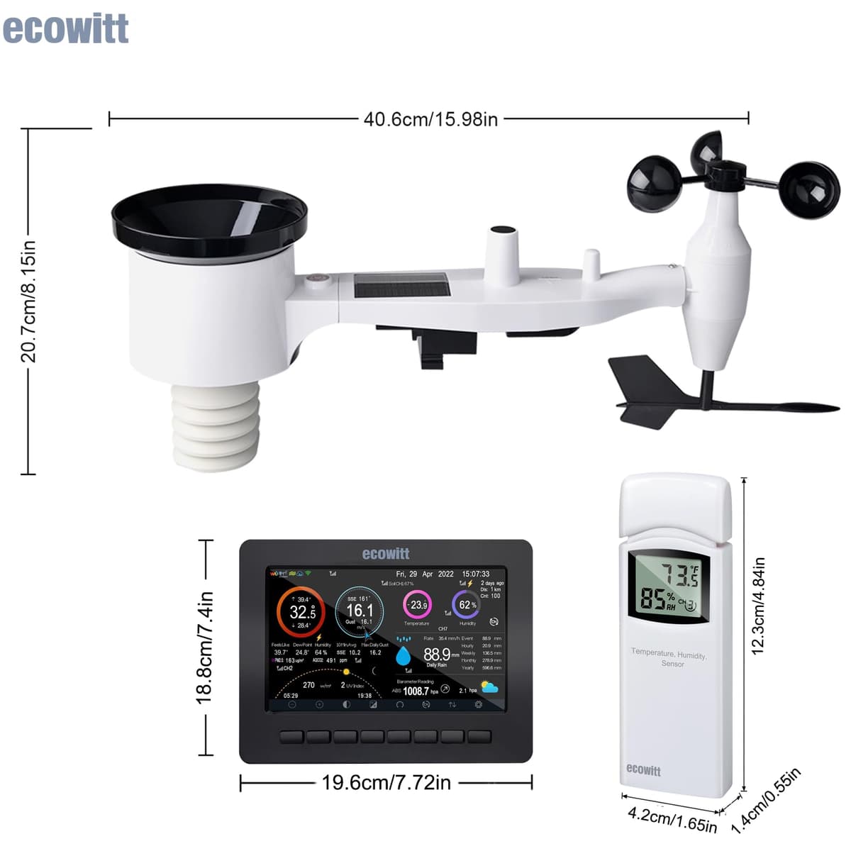 Ecowitt Estación meteorológica inalámbrica Wi-Fi - Pronóstico meteorológico digital con pantalla TFT de 7 pulgadas, indicador de lluvia, anemómetro, pasarela para ecosistema Ecowitt, HP2551 — view 3