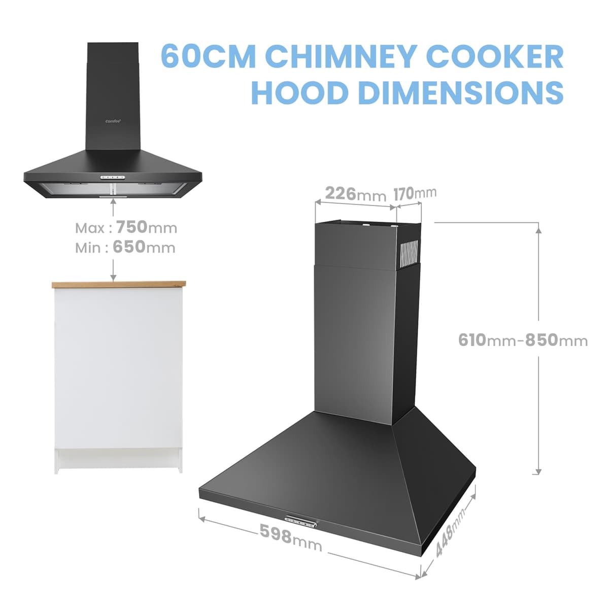 COMFEE' 60 cm Chimney Cooker Hood PYRA17B-60 with LED and Recirculating & Ducting System Wall Mounted Range Hood 600 mm Extractor Fan Kitchen - Black — view 4