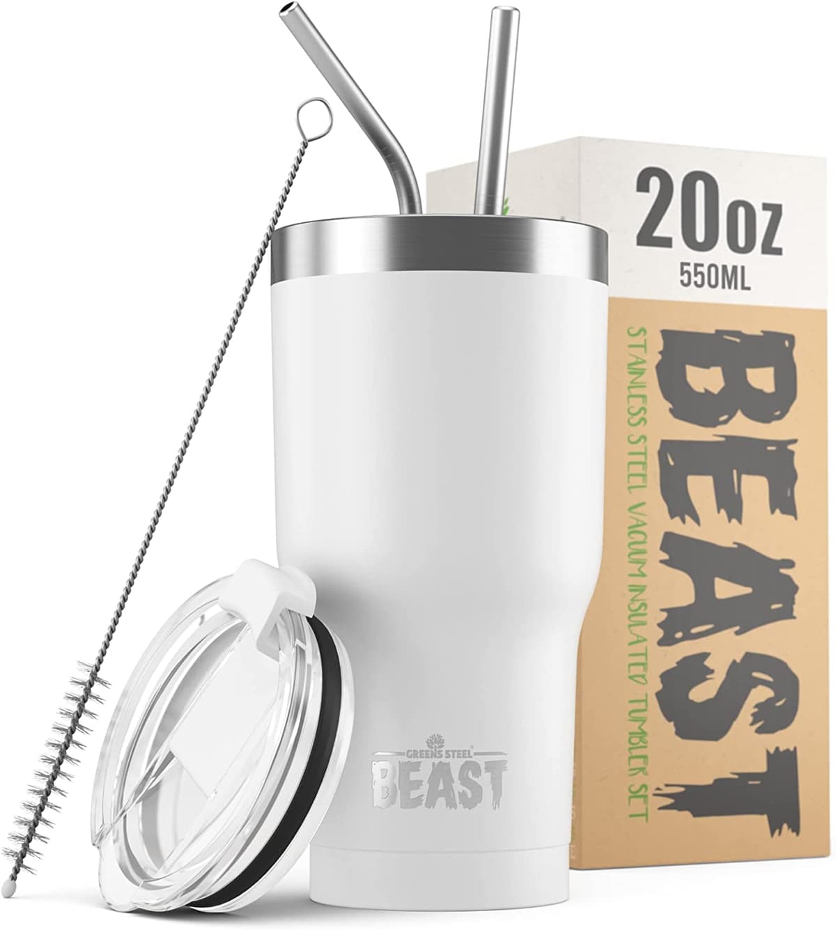 Greens Steel Beast Tumbler – 550 ml (20 oz), Coral | Vaso de acero inoxidable reutilizable con aislamiento al vacío | con 2 pajitas y cepillo de limpieza | Termo de viaje de doble pared — view 11
