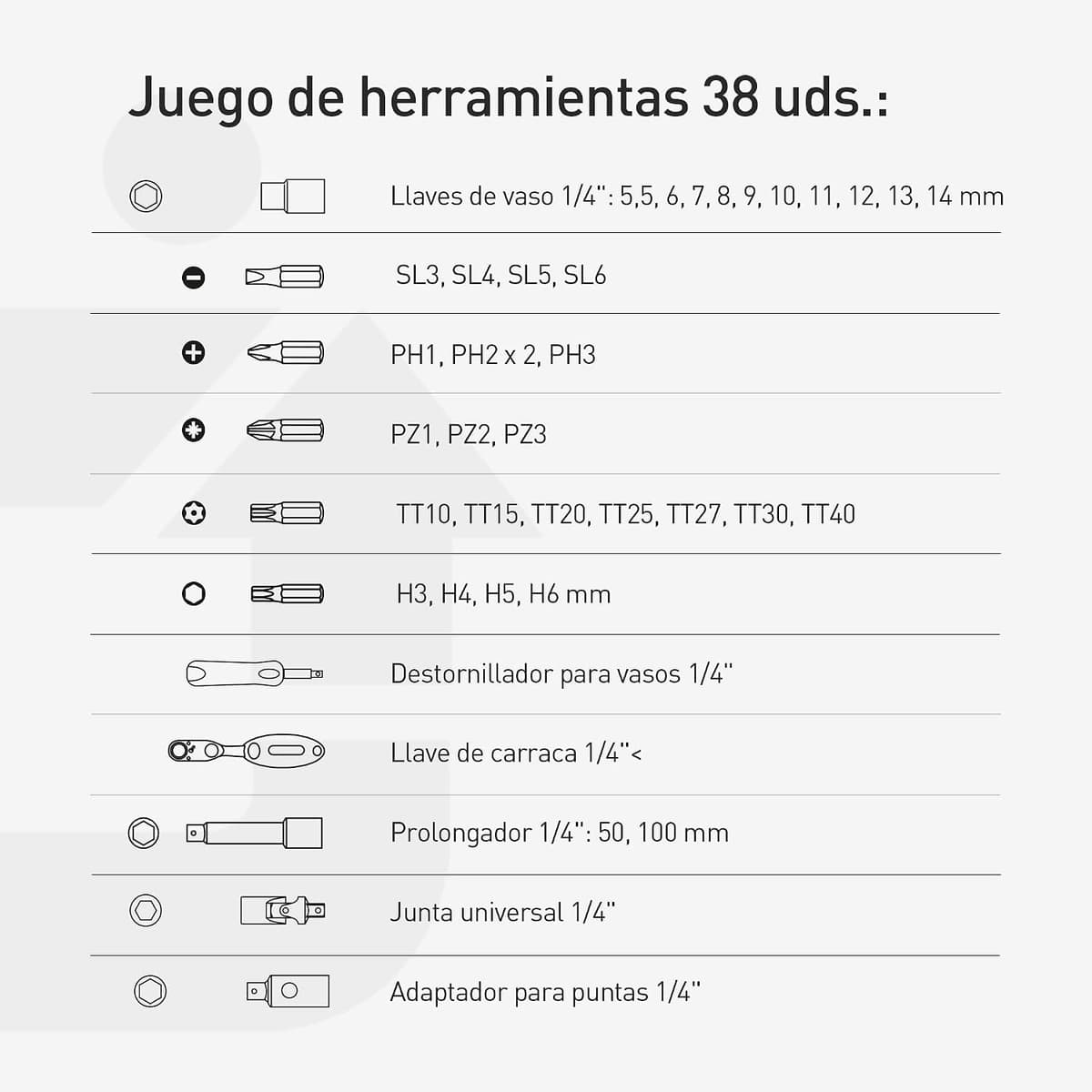 Högert Technik - Pequeño Juego de Herramientas, Caja de Herramientas, Maletin Herramientas, Juego de Llaves de Vaso y Equipamiento 1/4, Mecanismo de Trinquete con 72 Dientes - HT1R462, 38 Piezas 38 teilig — view 3