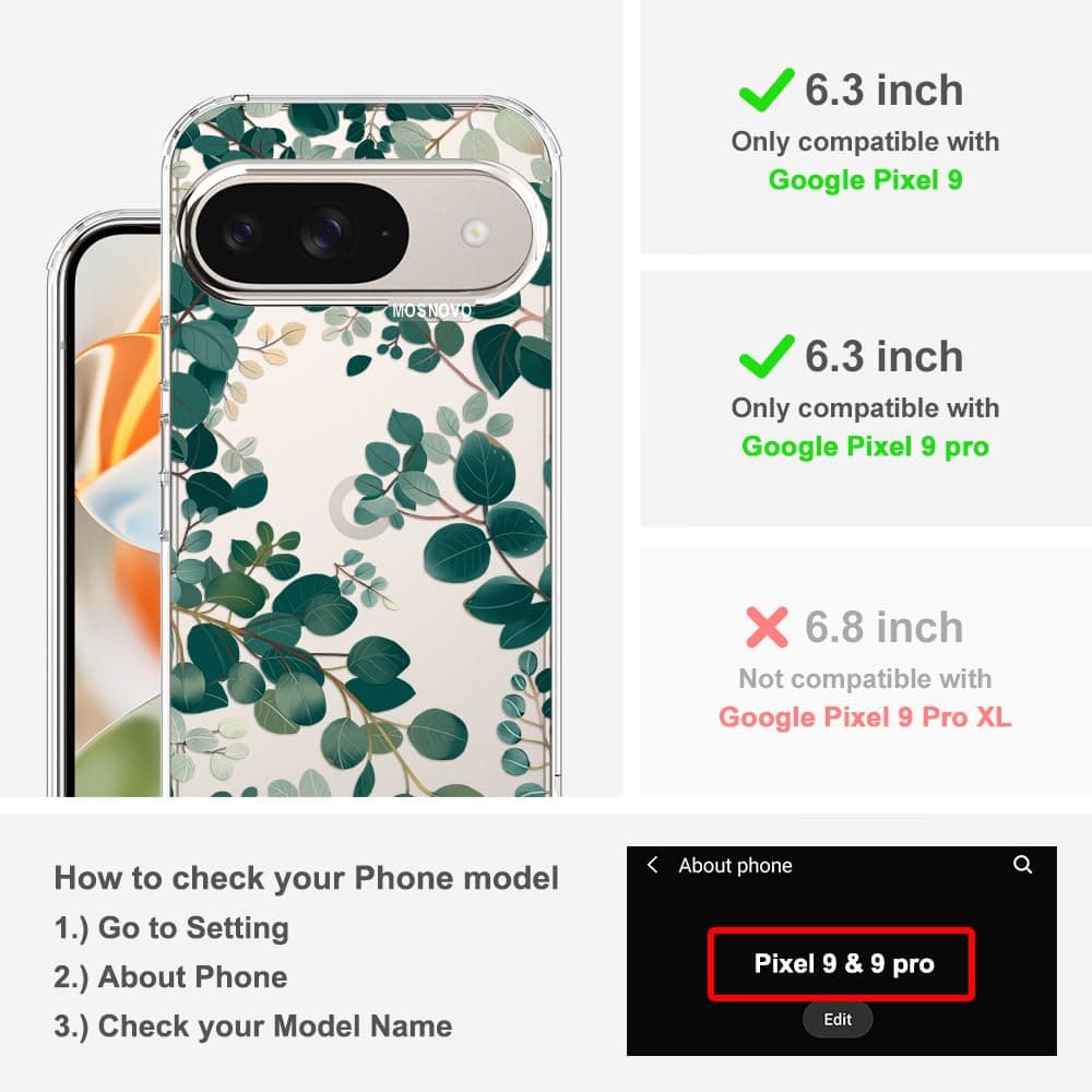 MOSNOVO Case for Google Pixel 9 & Pixel 9 Pro, [Buffertech 6.6ft Military-Grade Drop Protection] [Anti Peel Off Tech] Clear TPU Bumper Phone Case Cover Design - Eucalyptus — view 2