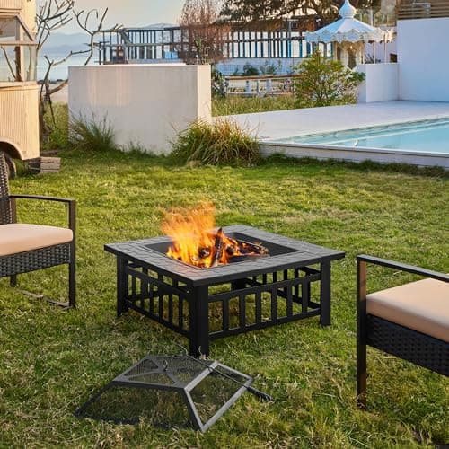 Yaheetech Multifunctional Fire Pit Table 32in Square Metal Firepit Stove Backyard Patio Garden Fireplace for Camping, Outdoor Heating, Bonfire and Picnic — view 3