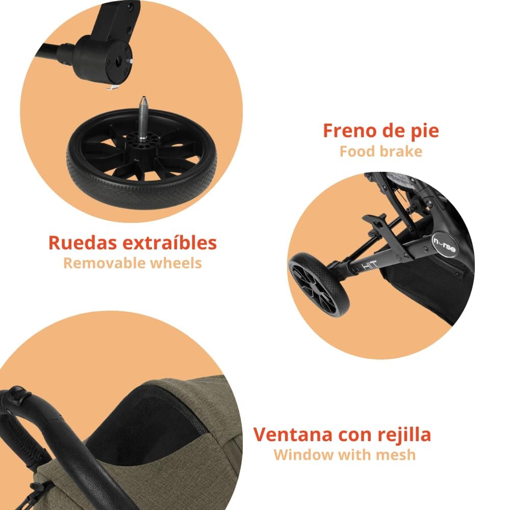 Nurse Hit Silla de Paseo Ligera hasta 22 kg, Plegado Compacto con Una Mano, Asa de Transporte, Respaldo Reclinado, Capota Extensible, Verde — view 5