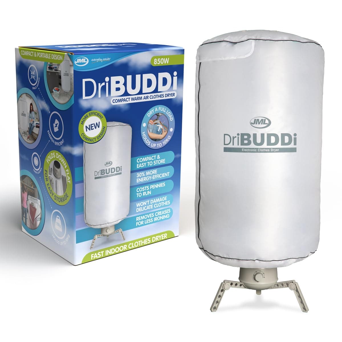 JML DriBUDDI Compact Electric Clothes Dryer - Heated Clothes Airer with Cover for Laundry Drying, Portable Rack Holds 10Kg of Clothing - Saves Ironing Packs Away Easily, For Line Dried Clothes Indoors