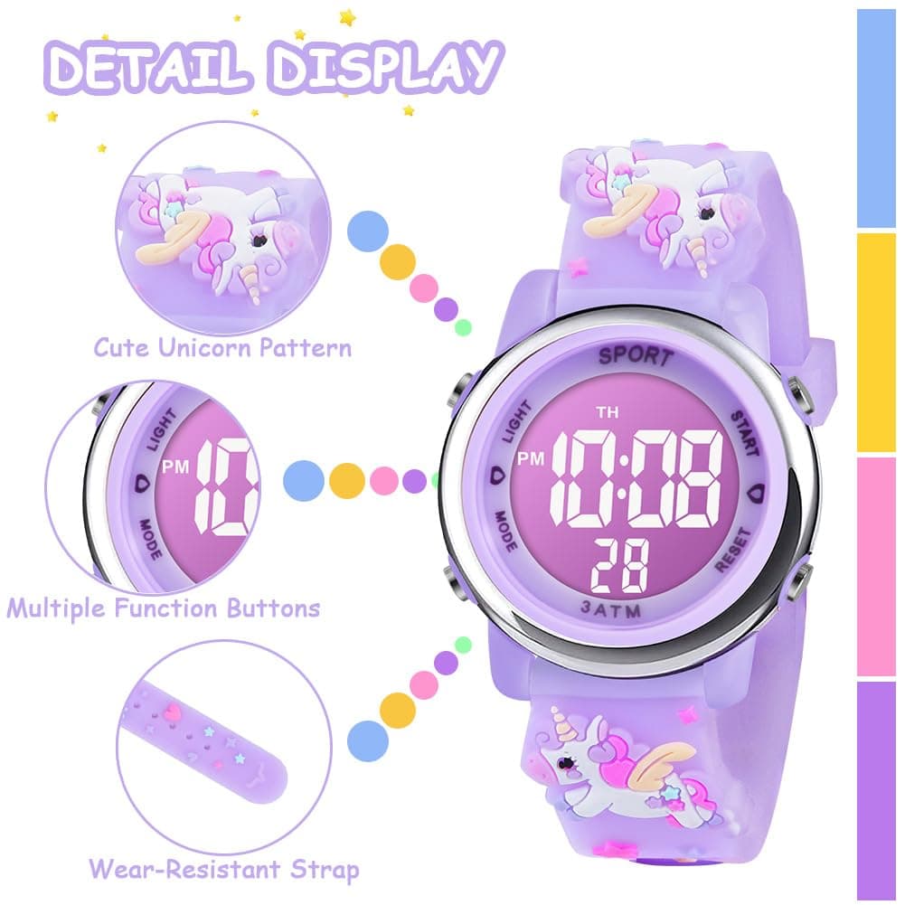 Vicloon Reloj Digital para Niños Niña, Luz Intermitente LED de 7 Colores Reloj de Pulsera Niña Multifunción, Reloj Unicornio Niña, Relojes Niñas Niños Digital para Niños de 3 a 12 años — view 3
