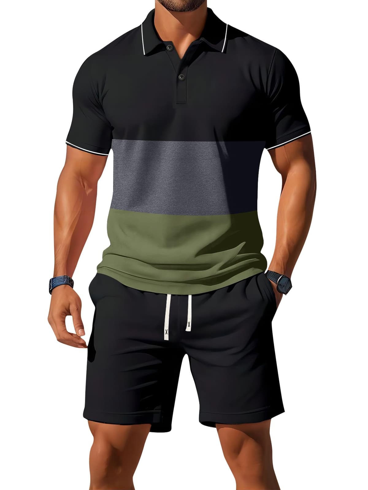 Conjunto de 2 piezas de camisa polo de verano de tres colores para hombre, estilo casual, vacaciones, playa, deportes, atletismo