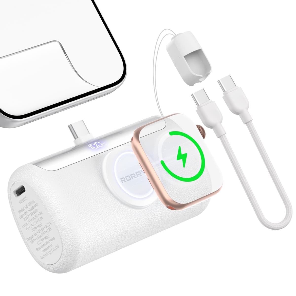 RORRY PalmGo Portable Charger, 10000mAh PD 22.5W Fast Charging Mini Power Bank with Built-in USB C Connector, 3-in-1 Battery Pack for iPhone 17/16/15 Pro/Max, Apple Watch Ultra/11/10/SE, iPad, Pink — view 9
