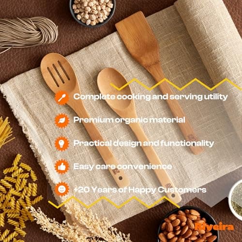 Riveira Dark Bamboo Wooden Spoons for Cooking 3-Piece, Apartment Essentials Wood Spatula Spoon Nonstick Kitchen Utensil Set Premium Quality Housewarming Gifts for Everyday Use — view 5
