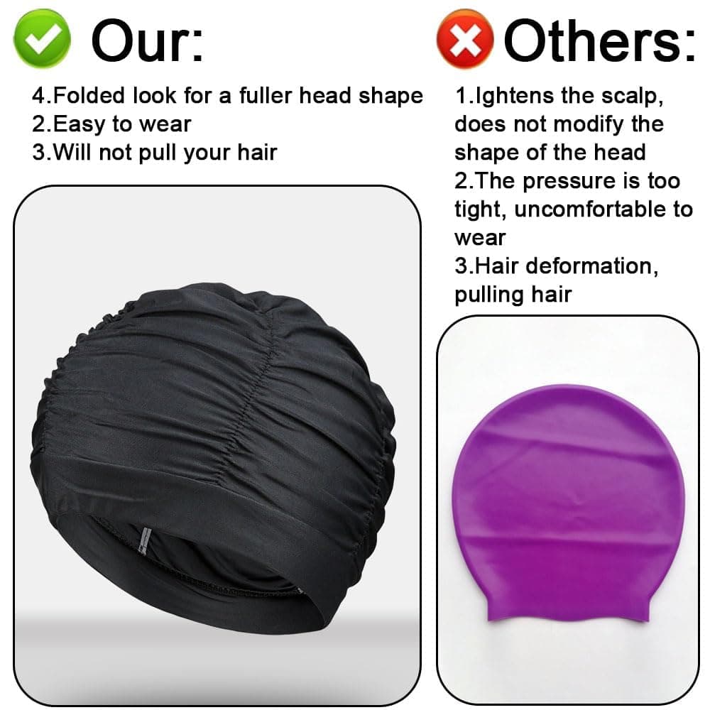 2 gorros de natación para mujer, gorro de natación elástico, transpirable, gorro de natación de pelo largo para verano, playa, vacaciones y piscina interior (negro) — view 5