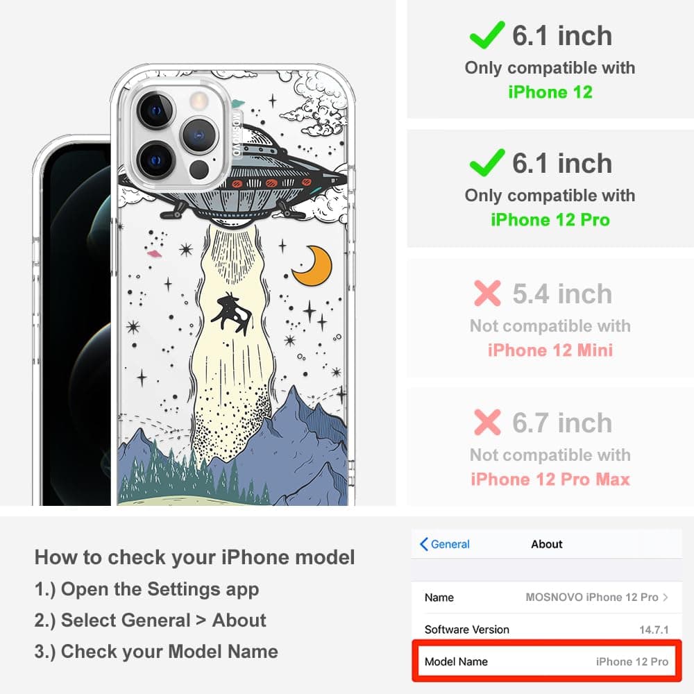 MOSNOVO Case for iPhone 12 & iPhone 12 Pro, [Buffertech 6.6ft Military-Grade Drop Protection] [Anti Peel Off Tech] Clear TPU Bumper Phone Case Cover Design - UFO — view 2