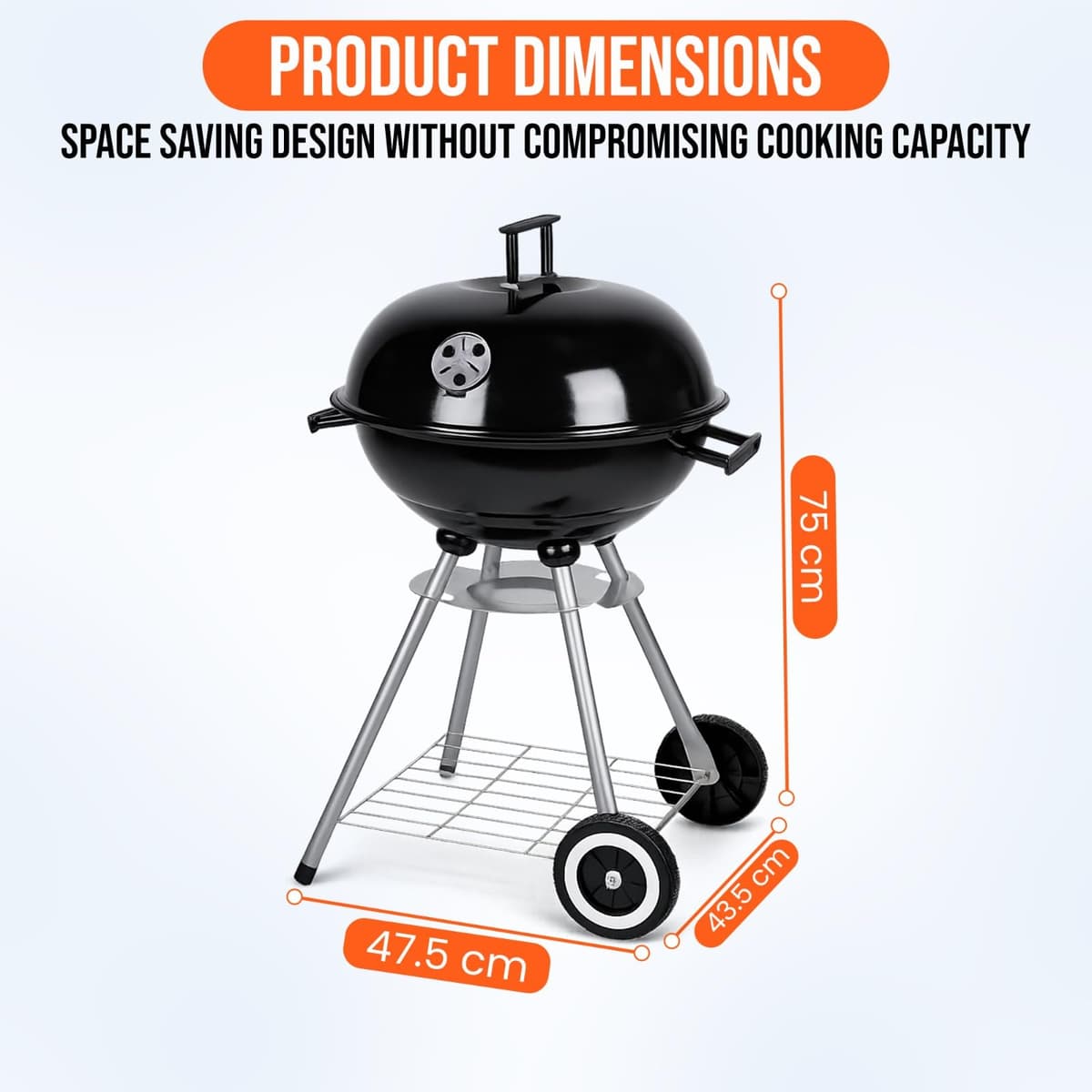 BBQ Grill Patio Portable Charcoal BBQ Kettle with Cover & Cooking Utensils Tools, heels Stand Garden Camping Caravan Outdoor Barbecue Ball Rounded Bbq on wheels Black 43.5 cm Stainless Steel — view 2
