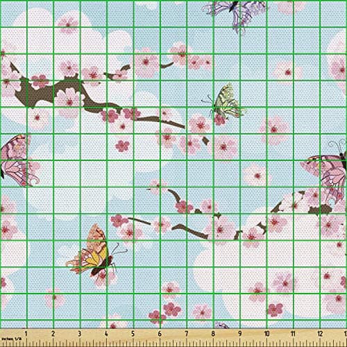 Ambesonne Cherry Blossom Fabric by The Yard, Fantasy Composition with Spring Inspired Nature Elements Butterflies Clouds, Decorative Fabric for Upholstery and Home Accents, 1 Yard, Pastel Blue