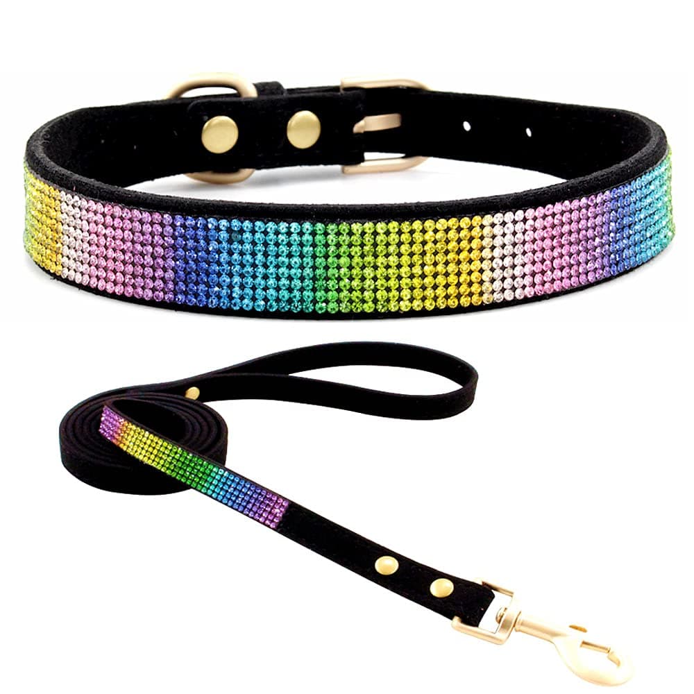 Cute Dazzling Sparkling Elegant Fancy Soft Suede Leather Bling Rhinestone Crystal Jeweled Pet Cat Dog Puppy Collar Dog Leash Combo Set (S, Black-2)