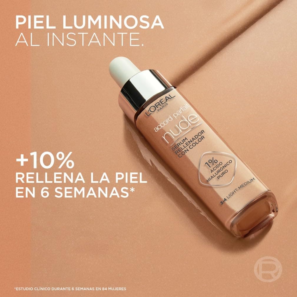 L’Oréal Paris Accord Parfait, Sérum Con Color Rellenador, Con Ácido Hialurónico Puro 1% y 7% de Glicerina, Acabado Natural, Piel Más Lisa y Luminosa, Accord Parfait Serum, Light Medium (3-4) — view 3