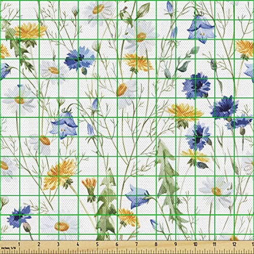 Ambesonne Flower Fabric by The Yard, Wild Flowers Poppies and Daisies Rural Nature Scenery in Meadows Rustic, Decorative Fabric for Upholstery and Home Accents, 2 Yards, Ivory Yellow