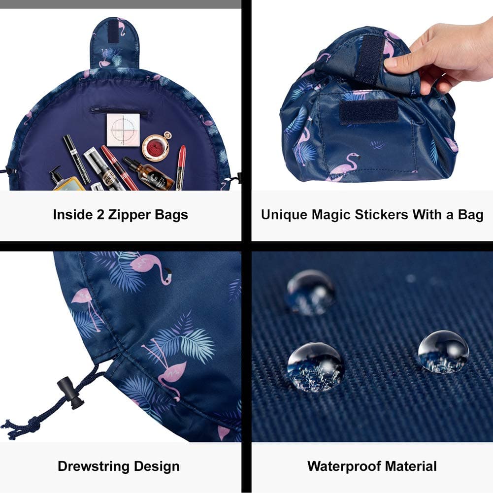 Lazy Drawstring Makeup Bags, Large Capacity Waterproof Travel Portable Cosmetic Bag Pouch Makeup Pouch Storage Organiser for Women Girl (Dark Blue Flamingo) — view 5