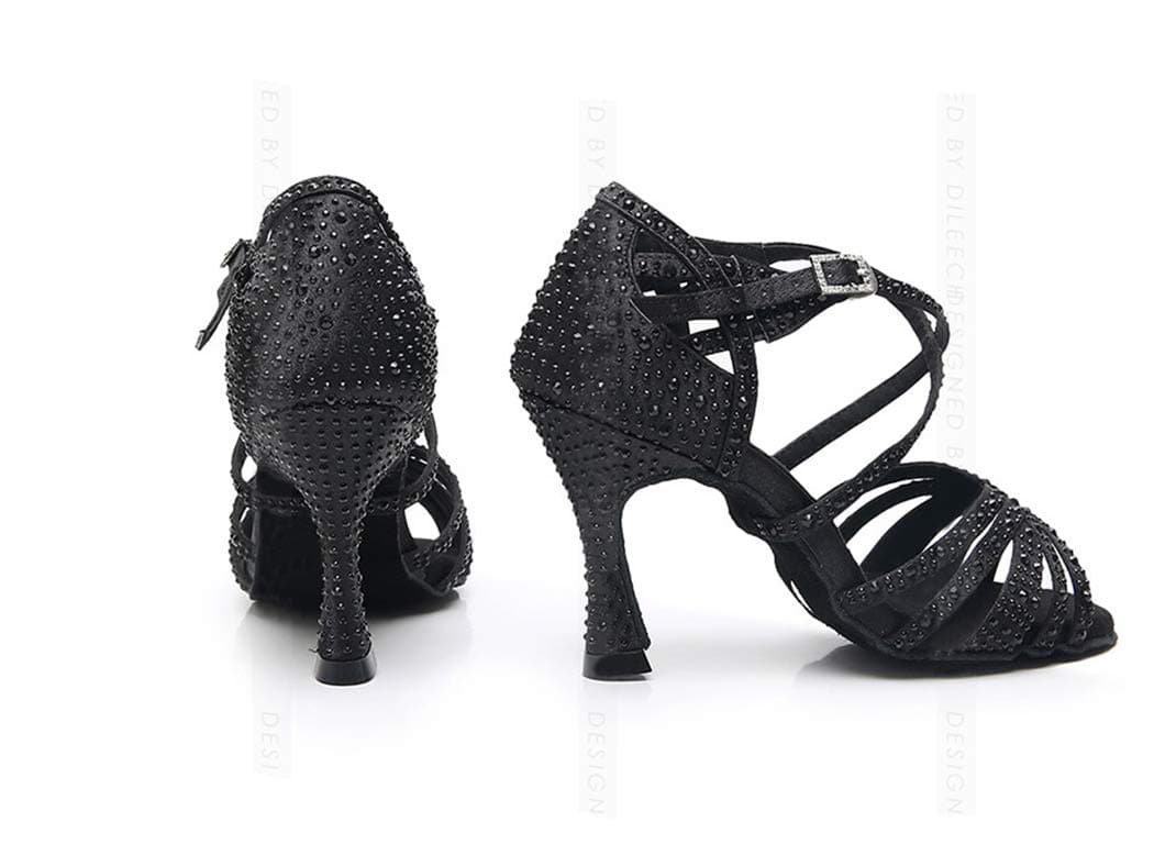 MGM-Joymod Sandalias de baile moderno latino con correa cruzada para mujer, con diamantes de imitación de tango social, bailes, Tacón marrón de 9 cm. — view 6
