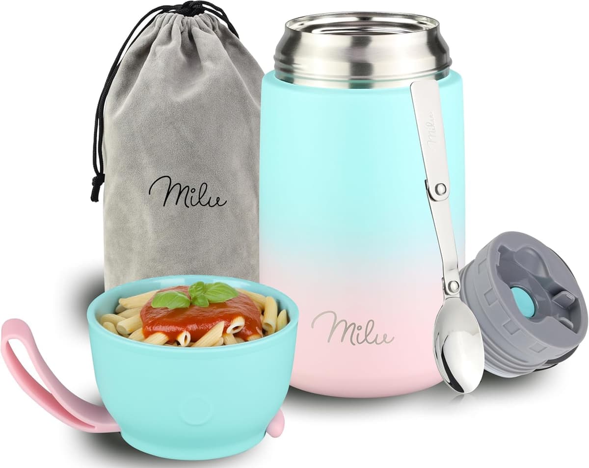 Milu Termo para Comida 450 ml Taza Aislada, Botella de Acero Inoxidable Aislada Alimentos, Beber y sopa de los niños de adultos Térmico (450ml/Verde Azul) — view 56